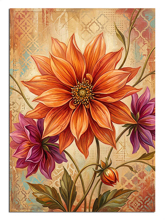 Bej desenli fonda turuncu mor dahlia çiçek buketi vintage tablo.