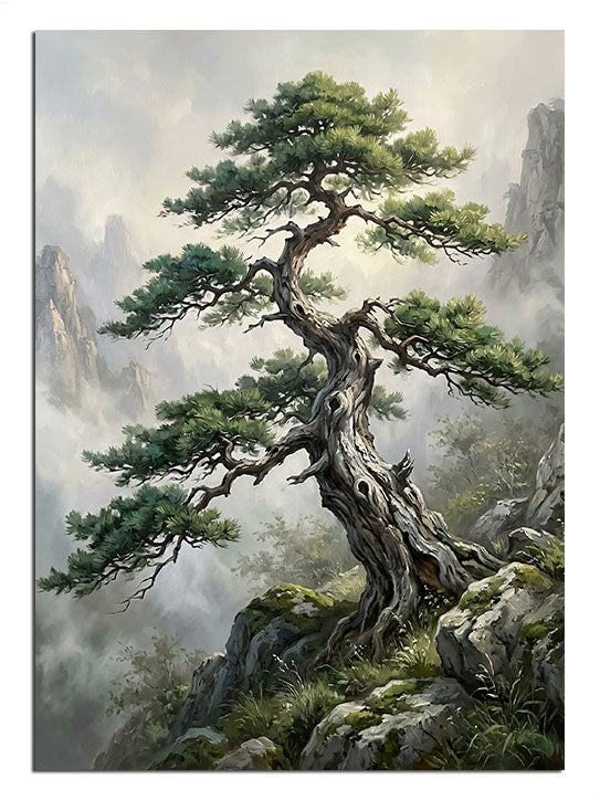 Sisli dağ zirvesinde tek başına duran bonsai ağacı zen manzara tablosu.