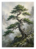 Sisli dağ zirvesinde tek başına duran bonsai ağacı zen manzara tablosu.