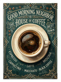 THE HOUSE OF COFFEE yazılı üstten kahve fincanı vintage poster.