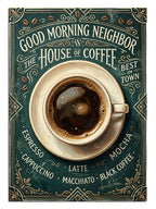 THE HOUSE OF COFFEE yazılı üstten kahve fincanı vintage poster.
