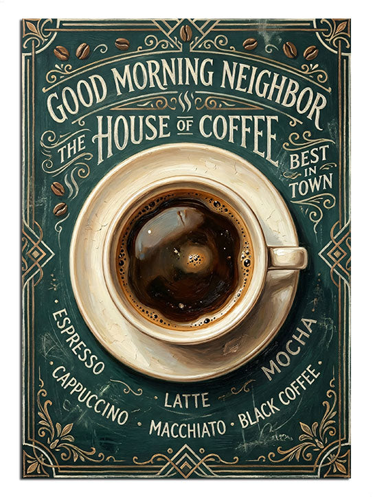 THE HOUSE OF COFFEE yazılı üstten kahve fincanı vintage poster.