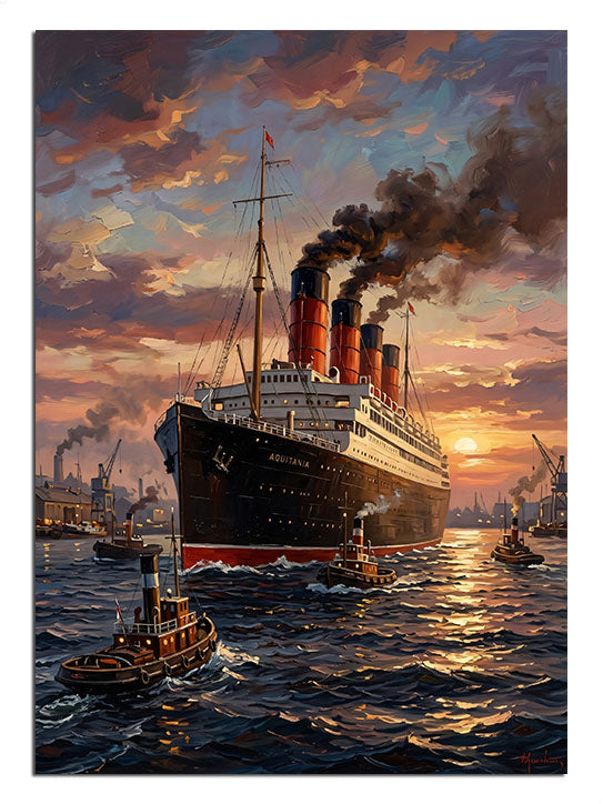 Gün batımında limandan ayrılan büyük Titanic gemisi ve römorkör tablosu.