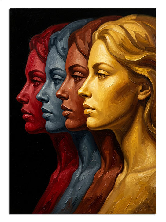 Kırmızı mavi sarı siyah dörtlü kadın profili pop art modern tablo.