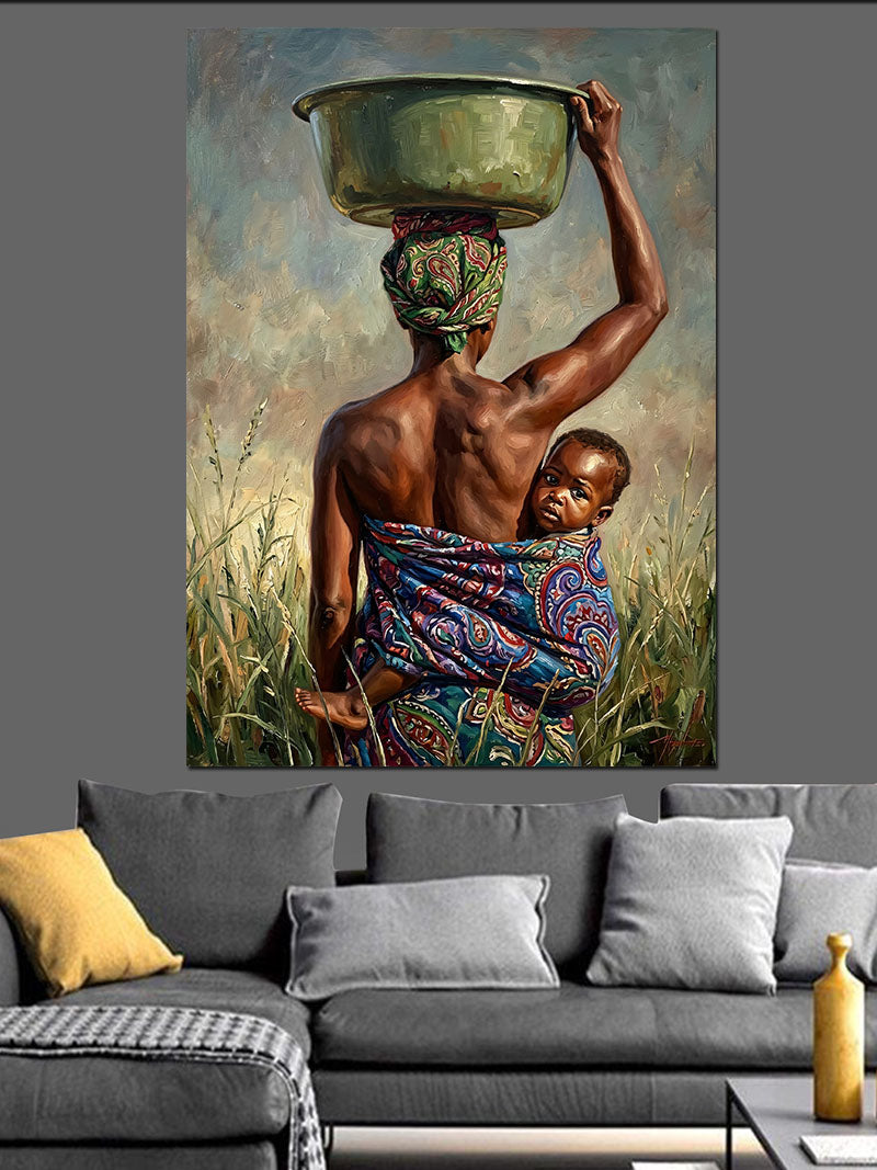 Başında Leğenli Afrikalı Anne Çocuk Kanvas Tablo