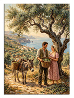 Zeytin ağacı altında eşeği ile sohbet eden köylü çift manzara.