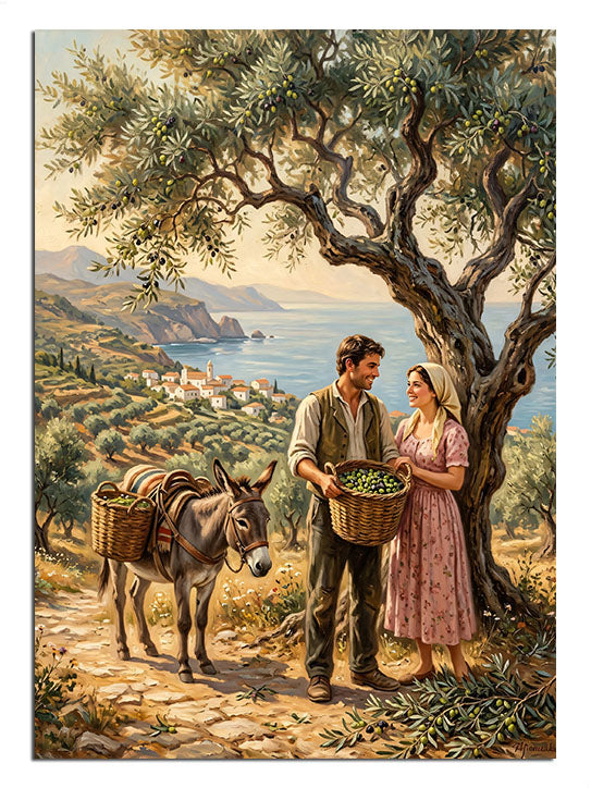 Zeytin ağacı altında eşeği ile sohbet eden köylü çift manzara.