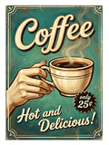 Coffee Hot and Delicious yazılı elinde kahve tutan retro poster.