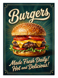 Burgers Made Fresh Daily yazılı büyük burger retro poster.