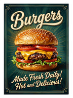 Burgers Made Fresh Daily yazılı büyük burger retro poster.