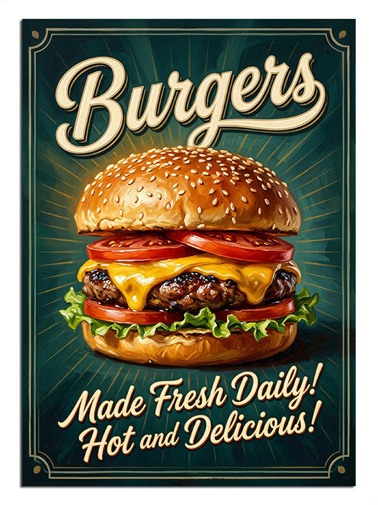 Burgers Made Fresh Daily yazılı büyük burger retro poster.