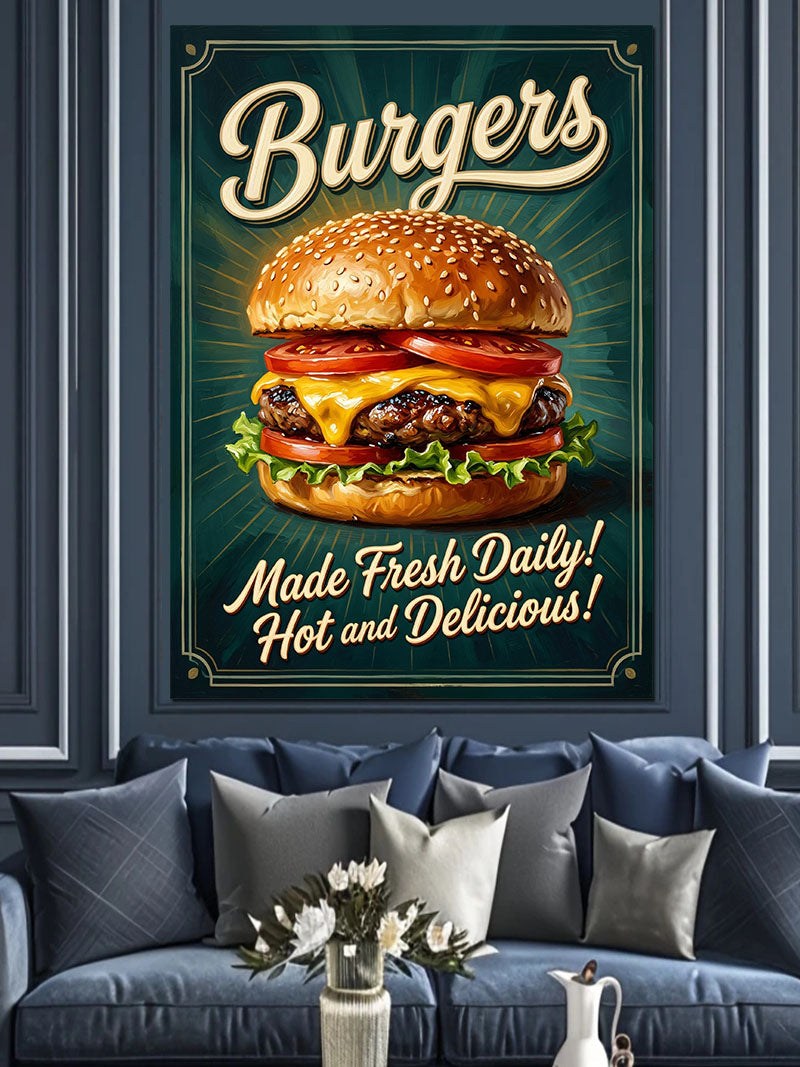 Burger Taze ve Lezzetli Retro Poster Kanvas Tablo