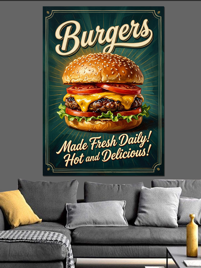 Burger Taze ve Lezzetli Retro Poster Kanvas Tablo