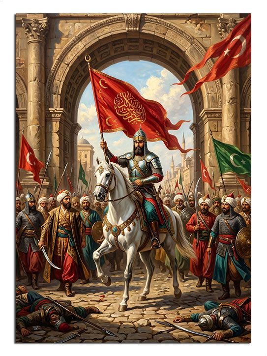 Kale kapısından giren bayraklı atlı Fatih Sultan Mehmet Osmanlı tablosu.