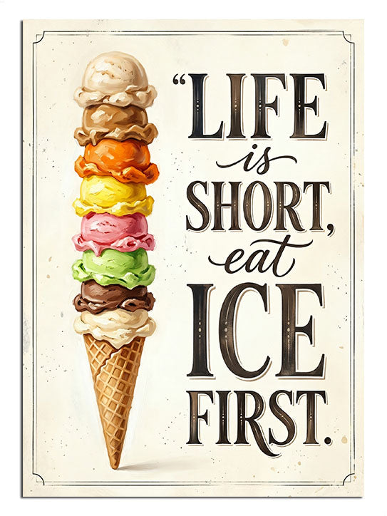 LIFE IS SHORT EAT ICE FIRST yazılı renkli dondurma külahı posteri.
