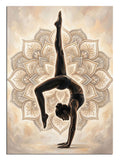 Mandala desenli fonda tek ayak üstünde yoga yapan kadın silüeti.