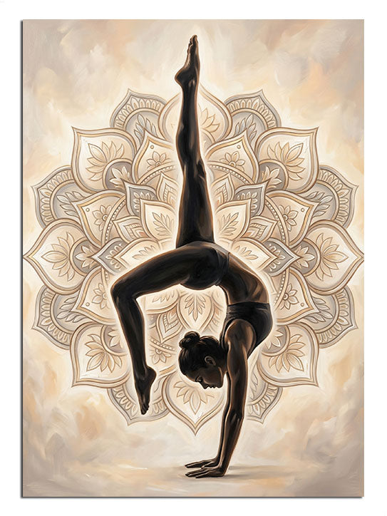 Mandala desenli fonda tek ayak üstünde yoga yapan kadın silüeti.