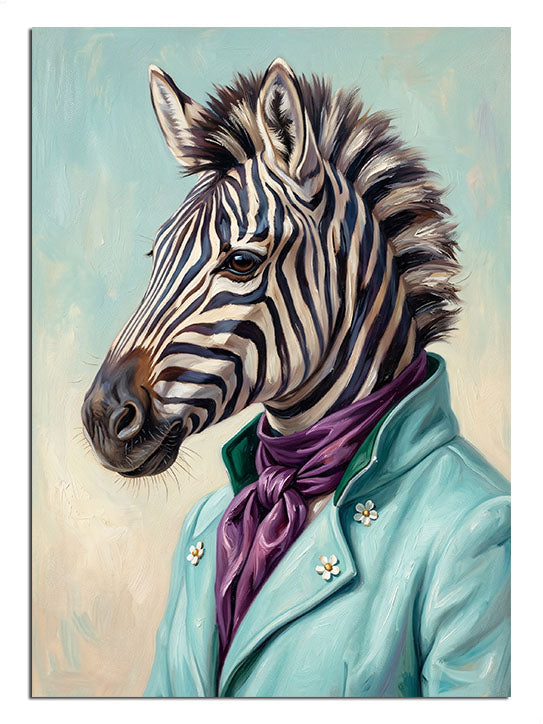 Papyonlu açık mavi takım elbiseli zebra insan hayvan portresi.