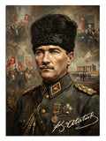 Kalpaklı ve askeri üniformalı Mustafa Kemal Atatürk portre tablosu.