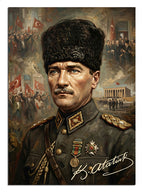 Kalpaklı ve askeri üniformalı Mustafa Kemal Atatürk portre tablosu.