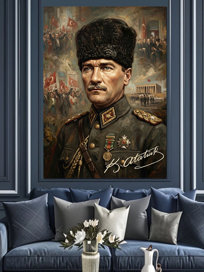 Kalpaklı Atatürk Askeri Üniformalı Portre Kanvas Tablo