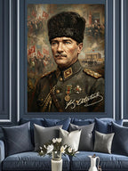 Kalpaklı Atatürk Askeri Üniformalı Portre Kanvas Tablo
