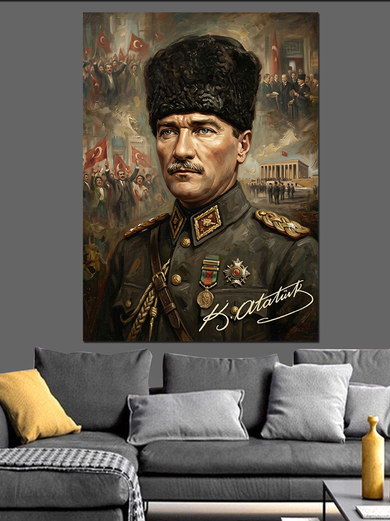 Kalpaklı Atatürk Askeri Üniformalı Portre Kanvas Tablo