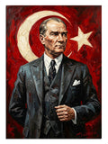 Türk bayrağı fonunda takım elbiseli Atatürk portre tablosu.