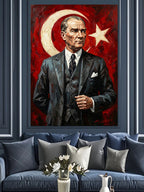 Ay Yıldızlı Atatürk Takım Elbiseli Kanvas Tablo
