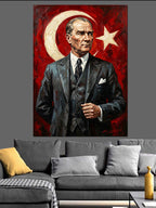 Ay Yıldızlı Atatürk Takım Elbiseli Kanvas Tablo