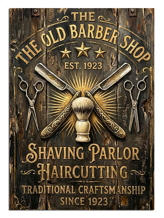 THE OLD BARBER SHOP makas ve ustura vintage tabela tablosu.