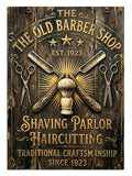 THE OLD BARBER SHOP makas ve ustura vintage tabela tablosu.