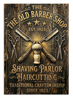 THE OLD BARBER SHOP makas ve ustura vintage tabela tablosu.