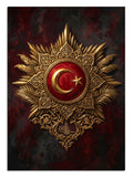 Kırmızı fonda altın Osmanlı arması ve Türk bayrağı rozet tablosu.
