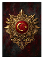 Kırmızı fonda altın Osmanlı arması ve Türk bayrağı rozet tablosu.