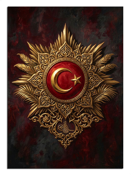 Kırmızı fonda altın Osmanlı arması ve Türk bayrağı rozet tablosu.