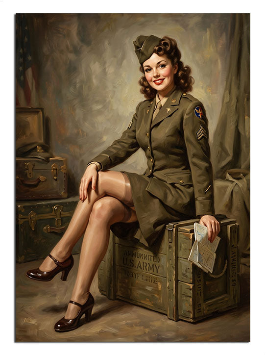Sandık üzerinde oturan askeri üniformalı retro pin up kadın.