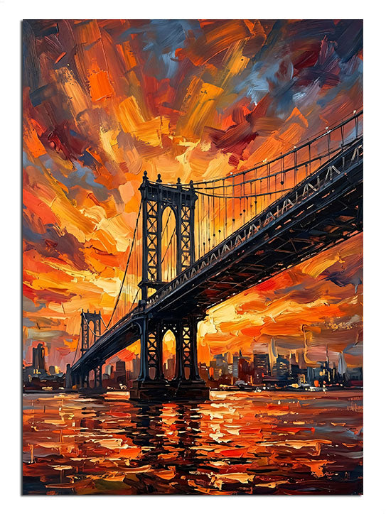 Alev gibi turuncu gün batımında Brooklyn Köprüsü ve deniz manzarası.