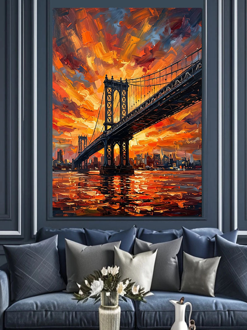 Gün Batımında Brooklyn Köprüsü Alev Kanvas Tablo