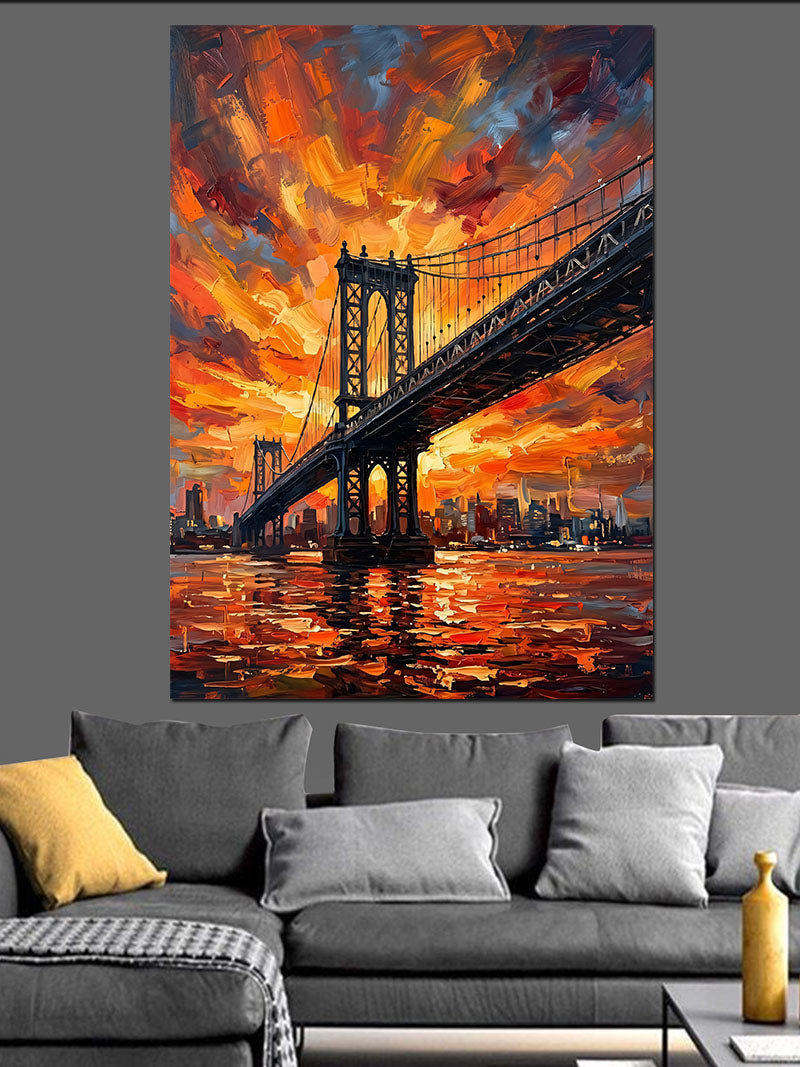 Gün Batımında Brooklyn Köprüsü Alev Kanvas Tablo