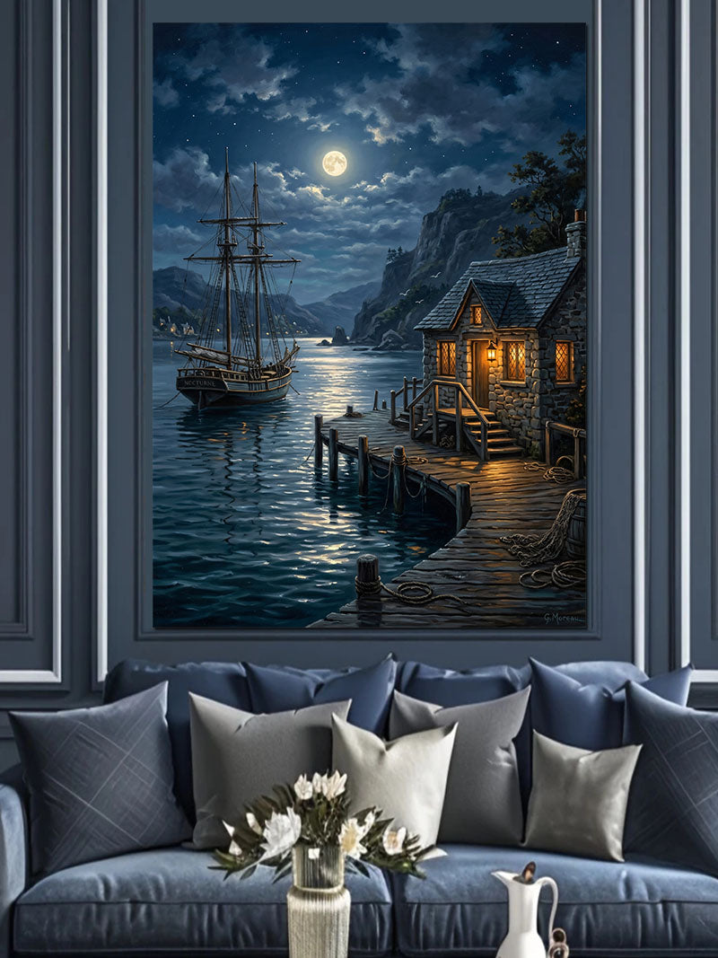 Ay Işıklı Liman ve Yelkenli Gece Kanvas Tablo