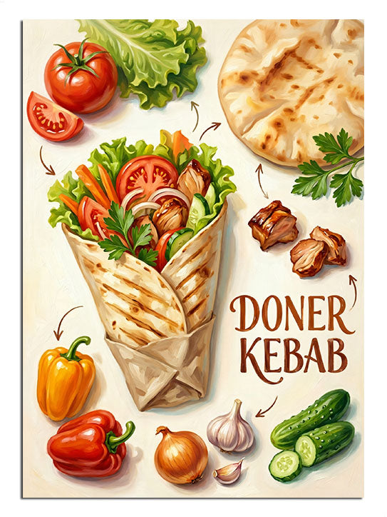 DONER KEBAB yazılı döner dürüm ve sebzeleri ile yiyecek posteri.