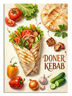 DONER KEBAB yazılı döner dürüm ve sebzeleri ile yiyecek posteri.