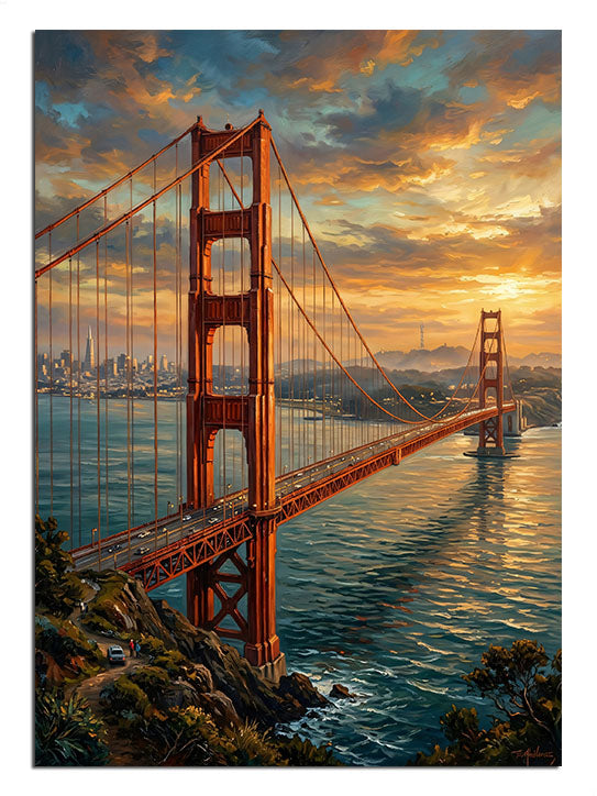 Turuncu gün batımında Golden Gate Köprüsü ve deniz manzarası tablosu.