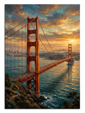 Turuncu gün batımında Golden Gate Köprüsü ve deniz manzarası tablosu.