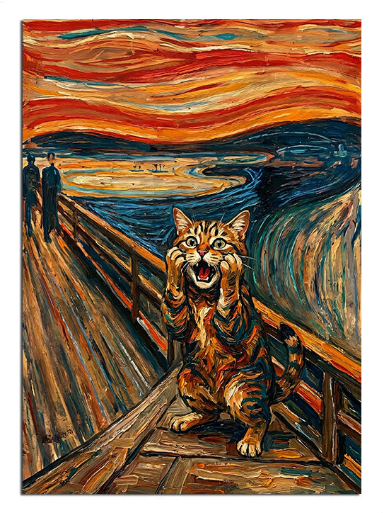 Munch Çığlık köprüsünde çığlık atan kedi mizahi hayvan tablosu.