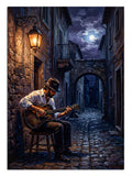Gece taş sokakta sandalede gitar çalan sokak müzisyeni tablosu.