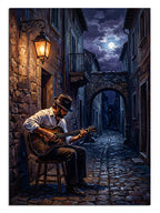 Gece taş sokakta sandalede gitar çalan sokak müzisyeni tablosu.