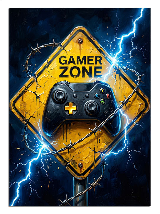 Şimşekli sarı tabela üzerinde GAMER ZONE ve oyun kolu posteri.