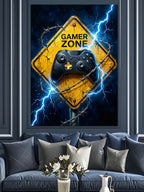 Gamer Zone Sarı Uyarı Tabelası Kanvas Tablo